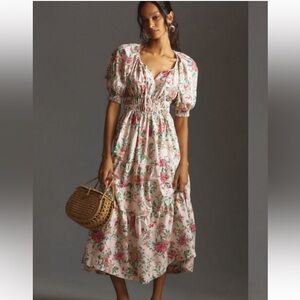 Anthropologie Somerset Floral Pink Puff Sleeve Maxi Dress Size M